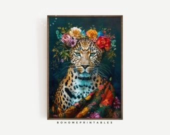 leopard animal print maximalist decor, maximalist wall art eclectic decor colorful print, flower art trendy wall print bedroom wall decor