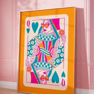 queen of hearts maximalist poster dopamine wall decor funky art prints quirky wall art, maximalist home hot pink decor lucky you wall art image 1