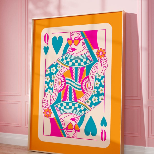 queen of hearts maximalist poster dopamine wall decor funky art prints quirky wall art, maximalist home hot pink decor lucky you wall art