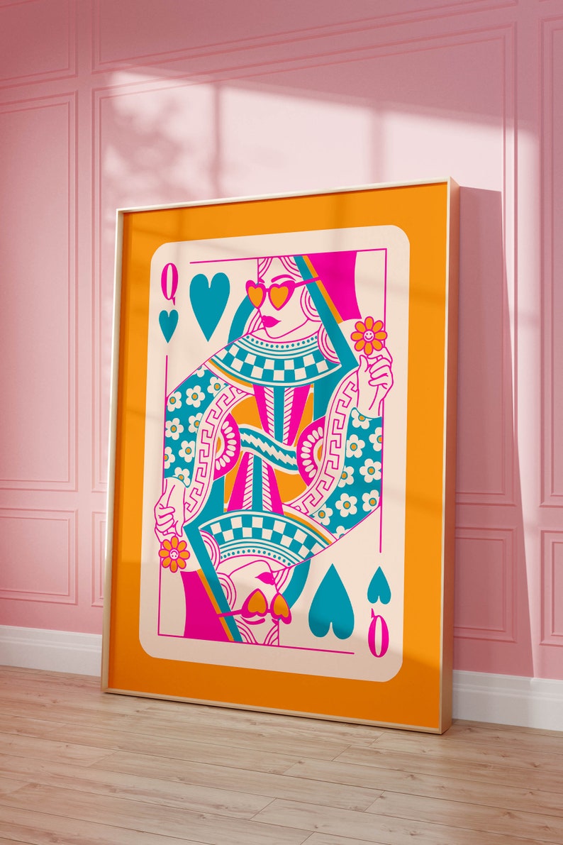 queen of hearts maximalist poster dopamine wall decor funky art prints quirky wall art, maximalist home hot pink decor lucky you wall art image 1