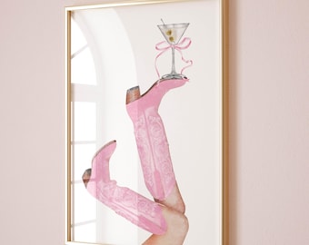 western wall art martini print pink cowgirl bedroom decor, dorm wall decor pink poster coastal cowgirl decor, light pink print western decor