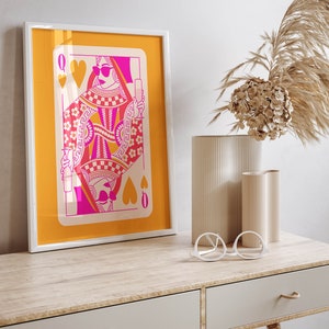 queen of hearts playing card funky wall art, pink and orange preppy wall art dorm decor, preppy y2k room decor aesthetic maximalist wall art image 9