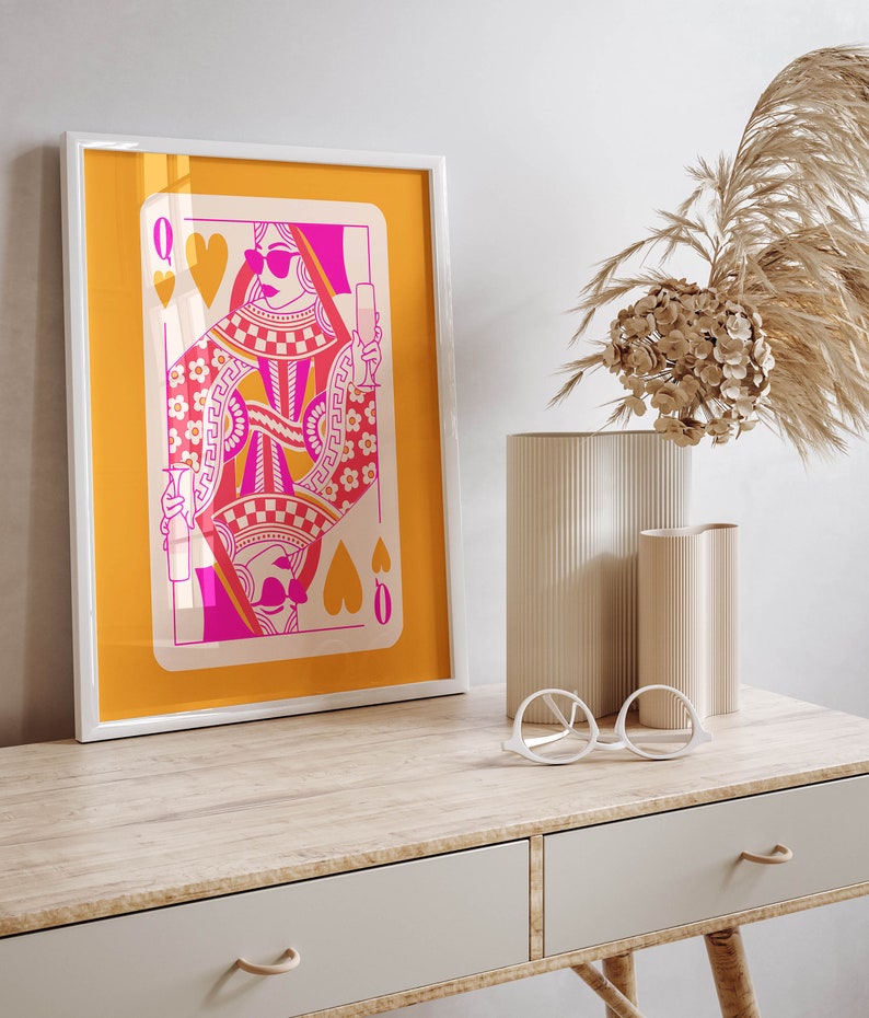queen of hearts playing card funky wall art, pink and orange preppy wall art dorm decor, preppy y2k room decor aesthetic maximalist wall art image 9