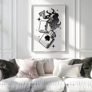 May include: Black and white illustration of a lighter with a flame and two playing cards, an ace and a queen, on a white background.