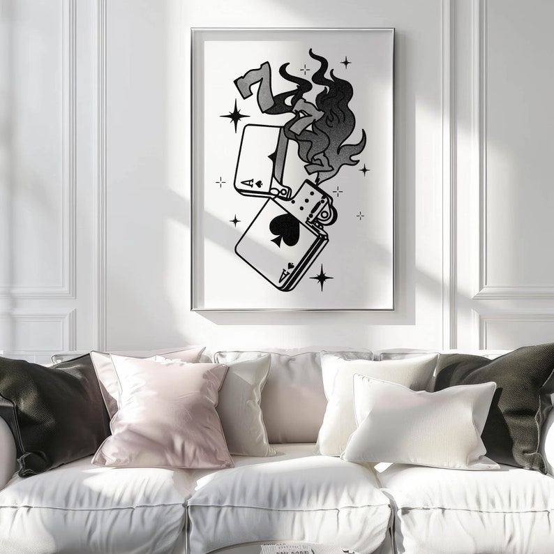 May include: Black and white illustration of a lighter with a flame and two playing cards, an ace and a queen, on a white background.