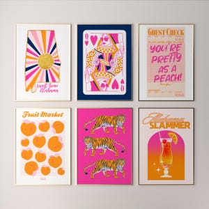 Juego de 6 cuadros decorativos de pared de galería de arte del sur de Alabama, decoración de dormitorio elegante, arte de pared rosa y naranja, decoración de apartamento de moda, arte de carrito de bar, carteles rosas