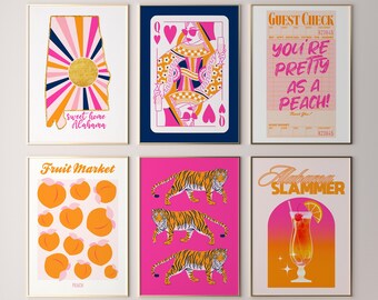 alabama southern art gallery wall art set of 6 preppy dorm decor, pink and orange wall art trendy apartment decor bar cart art pink posters