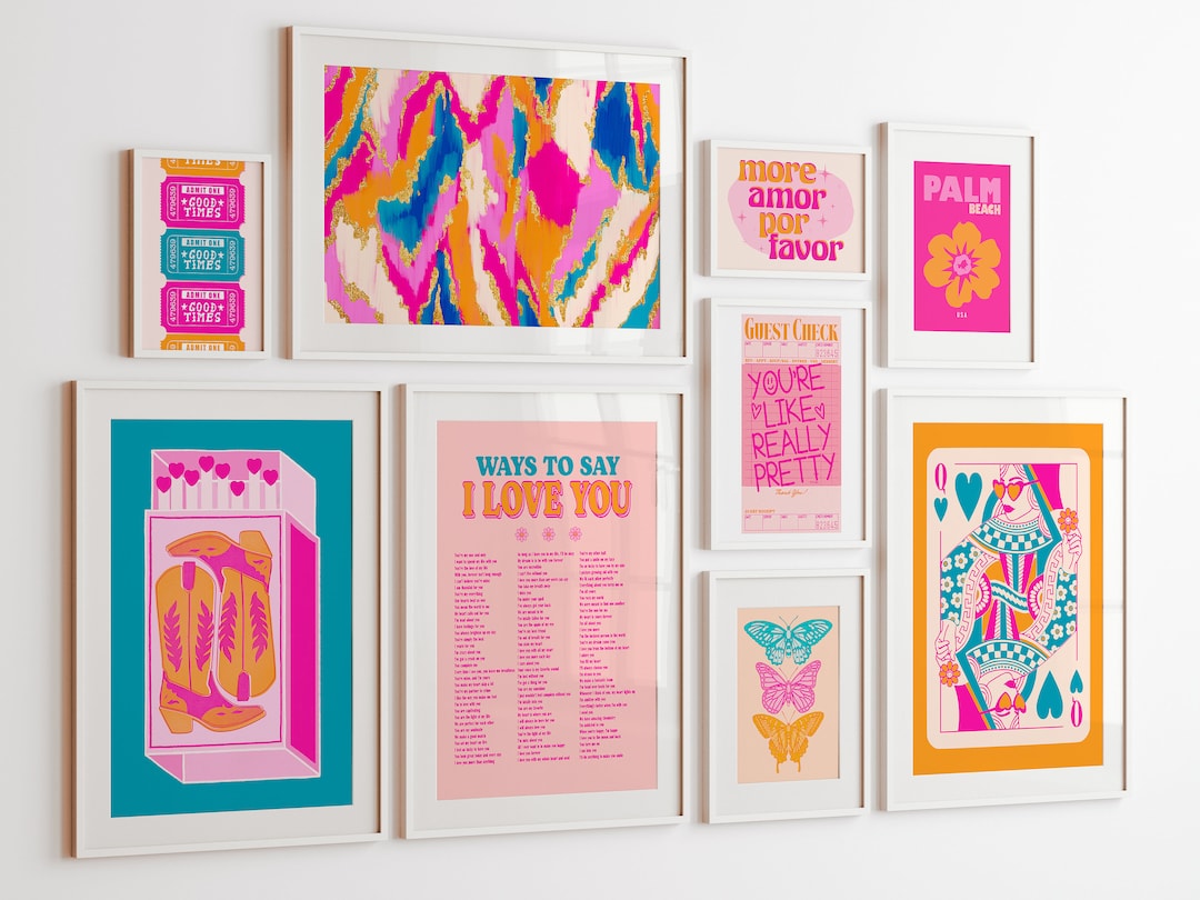 Pink Orange Teal Preppy Wall Art Teen Girl Room Decor, Maximalist Wall