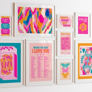 roze oranje groenblauw preppy muur kunst tiener meisje kamer decor, maximalistische muur kunst dopamine decor, eigenzinnige galerij muur kunst set preppy slaapzaal decor