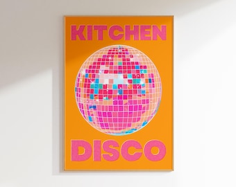 kitchen disco ball print maximalist wall art dopamine decor, funky wall art colorful disco ball kitchen prints, pop prints retro kitchen art