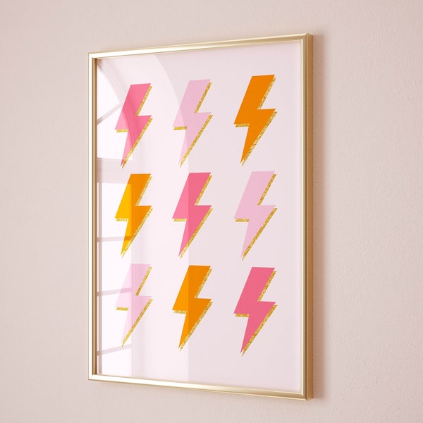 lightning bolts pink orange preppy wall art preppy dorm room decor aesthetic wall art prints trendy, maximalist wall art dopamine decor