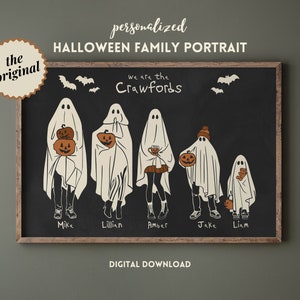 Halloween Ghost Family With Pets Custom Family Portrait Halloween Decor Sign, Halloween Printable Wall Art Personalized Halloween Gifts