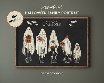 May include: A framed Halloween family portrait featuring ghost figures holding pumpkins and other items. The text reads "personalized HALLOWEEN FAMILY PORTRAIT" and "we are the Crawfords". The words "DIGITAL DOWNLOAD" are also present.
