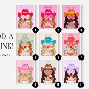 May include: Nine printable images of women wearing cowboy hats and holding drinks. Each image has a different name at the top, including Sophia, Isabella, Chloe, Kay, Maci, Jess, Meg, Liz, and Ally. The images are in a grid format with letters A through I below each image.