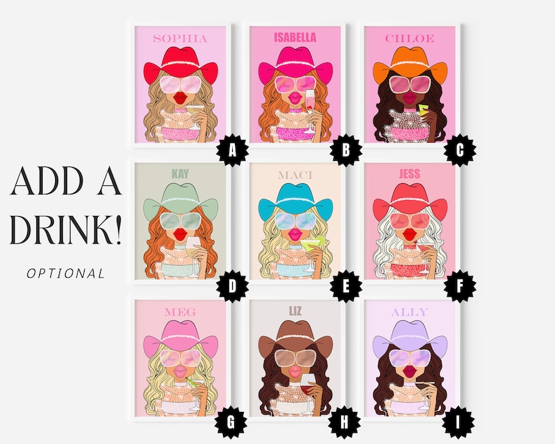 May include: Nine printable images of women wearing cowboy hats and holding drinks. Each image has a different name at the top, including Sophia, Isabella, Chloe, Kay, Maci, Jess, Meg, Liz, and Ally. The images are in a grid format with letters A through I below each image.