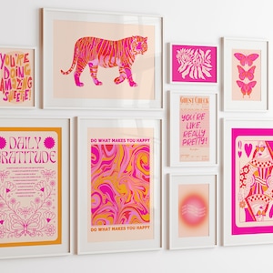 arte de pared naranja rosa decoración de habitación preppy impresiones de arte retro de moda, conjunto de arte de pared de galería maximalista de 9 carteles estéticos decoración de habitación de niña adolescente