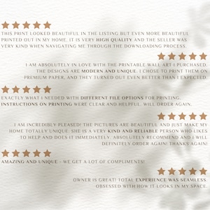 May include: Five-star reviews for printable wall art. The reviews highlight the high quality of the prints, the seller's helpfulness, and the unique designs. The text includes phrases like "modern and unique", "very kind", "clear and helpful", and "totally unique".