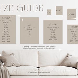 May include: A size guide for printable art prints, showing different sizes in inches and centimeters. The guide includes sizes like 24"x36", 24"x30", 18"x24", 11"x14", 8.5"x11", and 5"x7". The guide also includes the standard paper sizes A1, A2, A3, A4, and A5.