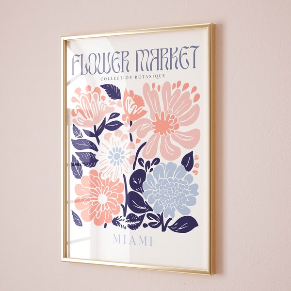 retro flowers light pink navy blue wall art travel poster above bed decor, flower market poster college apartment living room decor for teen