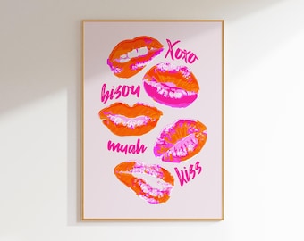 pink and orange wall art trendy apartment decor, preppy prints teen bedroom decor, maximalist decor pink poster, dopamine decor funky poster