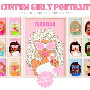 custom girly portrait 5 preppy room decor aesthetic wall art, trendy wall art dorm decor for college girls, girly wall art bar cart decor