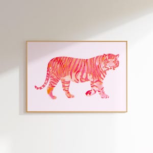 tiger painting animal print pink and orange wall art preppy dorm room decor aesthetic poster, horizontal maximalist wall art dopamine decor