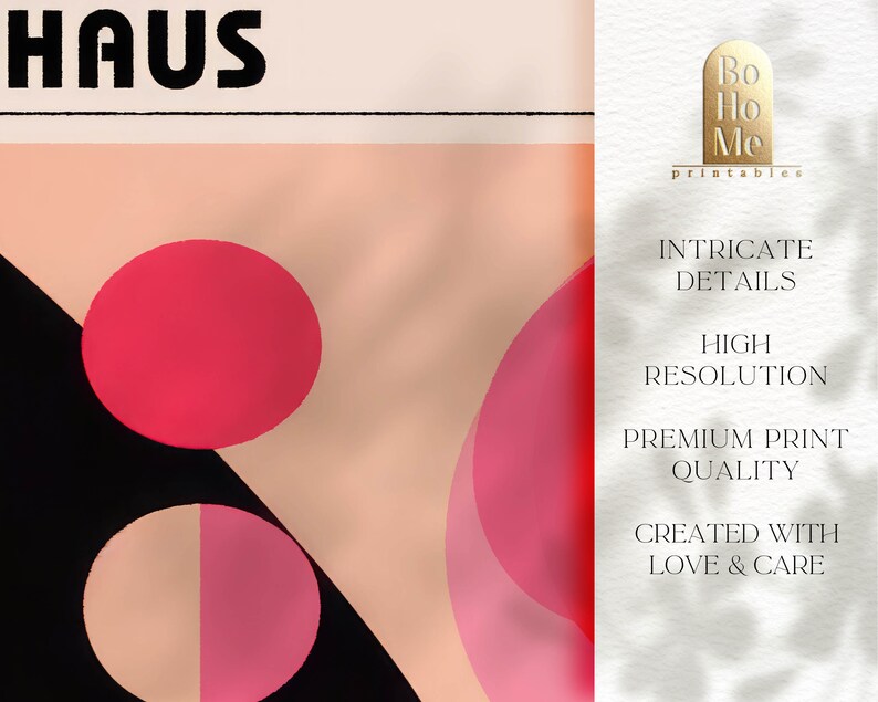 May include: Abstract geometric art print with overlapping circles in shades of pink, peach, and black. The print features the word "HAUS" in bold black letters at the top.