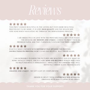 May include: Five-star reviews for printable wall art. Customers praise the high quality, modern designs, and helpful instructions. One reviewer mentions receiving compliments on the unique art.