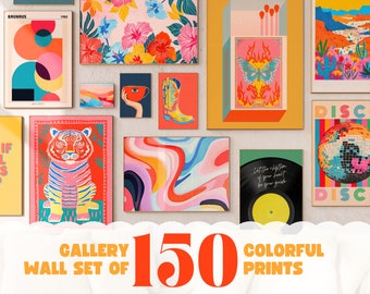 dopamine decor gallery wall set of 150 maximalist art prints, dorm wall art trendy print funky decor, eclectic wall art aesthetic room decor