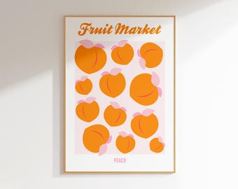 peach fruit wall art trendy retro kitchen decor, maximalist wall art cute apartment decor kitchen print, dopamine decor kitchen accessories