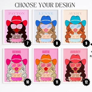 May include: A set of ten printable digital designs featuring illustrations of girls wearing cowboy hats and sunglasses. Each design includes a different name and a design number.
