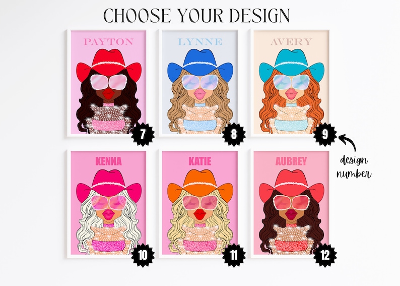 May include: A set of ten printable digital designs featuring illustrations of girls wearing cowboy hats and sunglasses. Each design includes a different name and a design number.