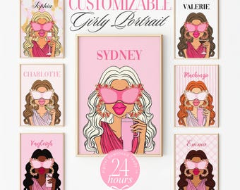 custom portrait girly wall art college dorm decor - pink wall art chic print bedroom wall decor, personalized print custom gift for daughter
