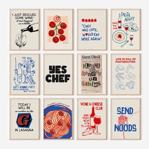 Può includere: Nove stampe d'arte da parete stampabili con un tema di cibo e bevande. Le stampe presentano illustrazioni di pasta, vino, formaggio e pomodori. Il testo sulle stampe include frasi come "Pasta Night", "Yes Chef" e "Life is full of Pastabilities".