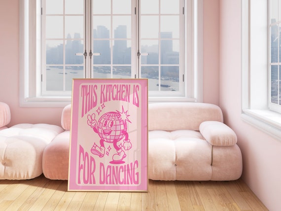 funny kitchen decor preppy wall art, pink wall art trendy apartment decor, pink poster disco ball decor, retro wall art print funky decor