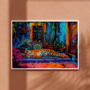May include: A colorful painting of a tiger sleeping on a rug in a room with plants and a window. The tiger is orange and black with white stripes. The rug is blue, pink, and yellow with fringe. The room is decorated with plants, including a cactus and a potted plant with pink flowers. The window is open and there is a view of a building with a blue door.