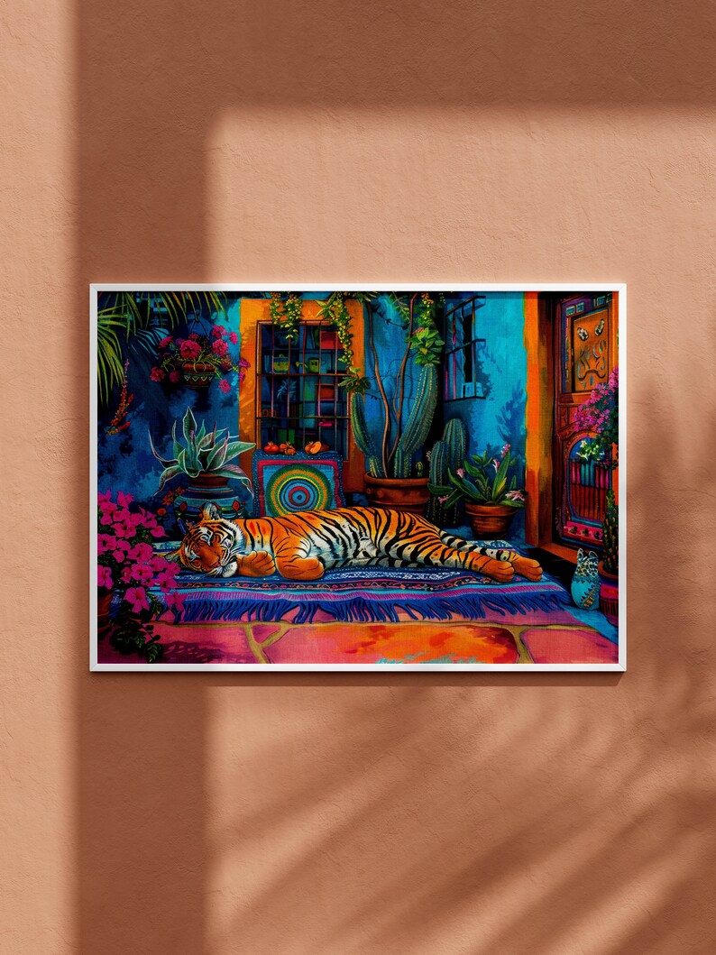 May include: A colorful painting of a tiger sleeping on a rug in a room with plants and a window. The tiger is orange and black with white stripes. The rug is blue, pink, and yellow with fringe. The room is decorated with plants, including a cactus and a potted plant with pink flowers. The window is open and there is a view of a building with a blue door.