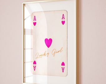 lucky girl syndrome ace of hearts aesthetic poster preppy dorm decor, pink orange wall art funky maximalist decor trendy retro art print