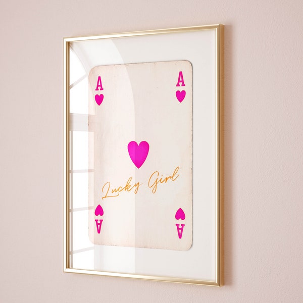 lucky girl syndrome ace of hearts aesthetic poster preppy dorm decor, pink orange wall art funky maximalist decor trendy retro art print