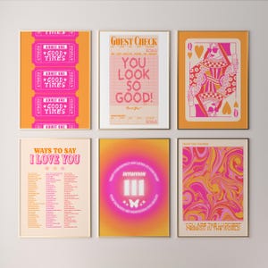 trendy retro wall art gallery wall set of 6, preppy gallery wall art set funky dorm decor, preppy y2k room decor aesthetic bar cart wall art