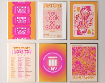 trendy retro wall art gallery wall set of 6, preppy gallery wall art set funky dorm decor, preppy y2k room decor aesthetic bar cart wall art