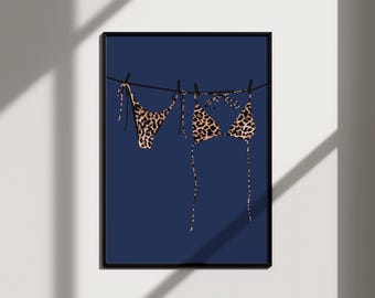 navy blue wall art bikini print leopard poster, funky wall art apartment prints wall art trendy, retro poster dorm prints aesthetic wall art