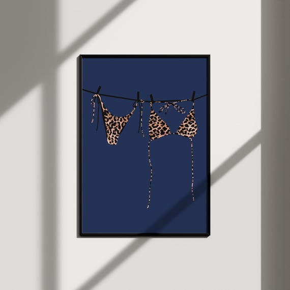 navy blue wall art bikini print leopard poster, funky wall art apartment prints wall art trendy, retro poster dorm prints aesthetic wall art