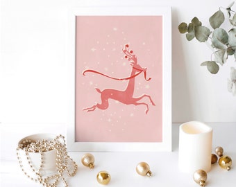 reindeer wall art pink christmas decor, retro christmas vibes holiday decor winter wall art,farmhouse christmas decoration holiday printable