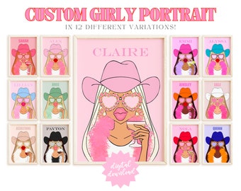 custom girly portrait 8 preppy room decor aesthetic trendy wall art, cowgirl birthday decor, bar cart wall art dorm decor for college girls