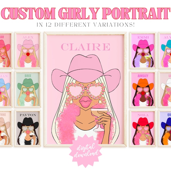 custom girly portrait 8 preppy room decor aesthetic trendy wall art, cowgirl birthday decor, bar cart wall art dorm decor for college girls