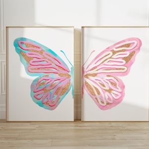 blue pink split butterfly wall art set baby girl nursery decor prints, aesthetic pastel wall art preppy y2k room decor aesthetic for teens