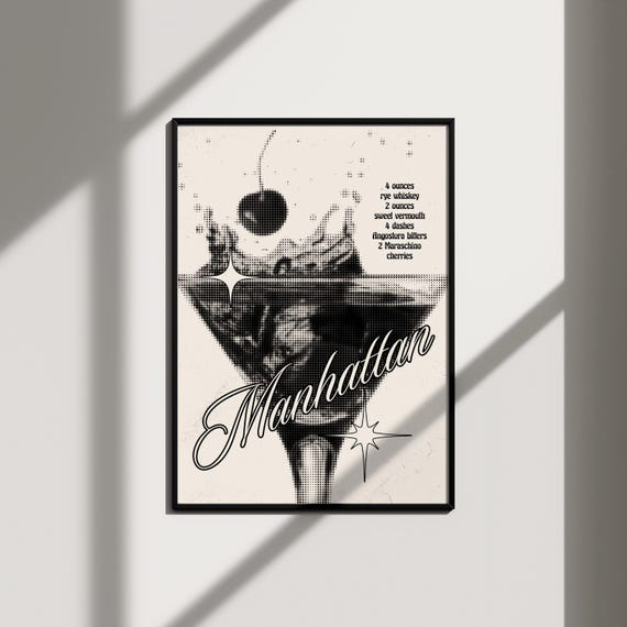 manhattan cocktail art print funky decor, trendy retro wall art bar cart art decor, aesthetic wall art groovy dorm decor for college girls
