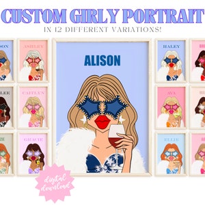 custom girly portrait 11 funky wall art teen room decor, preppy room decor aesthetic wall art preppy poster, funky dorm decor bar cart art