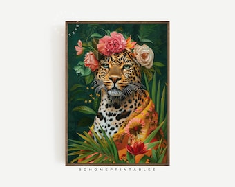leopard animal print maximalist decor, flower art trendy wall print bedroom wall decor, maximalist wall art eclectic decor colorful print